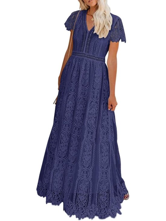 Dresses & Skirts - Floral Lace V Neck Short Sleeve A-Line Maxi Dress | Boho Wedding & Bridesmaid